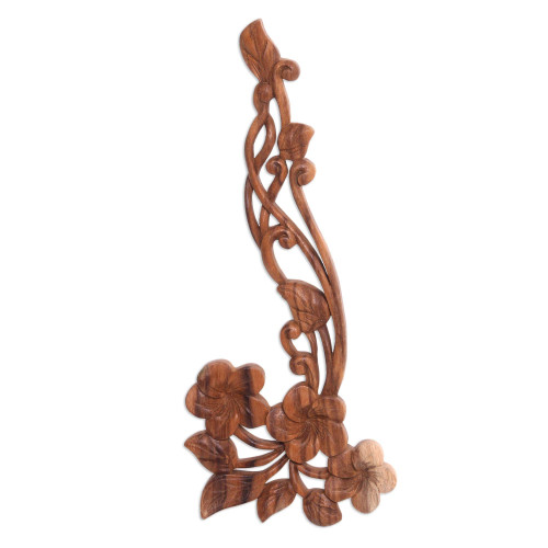 NOVICA Handmade Wood Relief Panel Floral Suar Wall Brown Indonesia Decor Panels Balinese Traditional Carvings 'Frangipani Flourish'