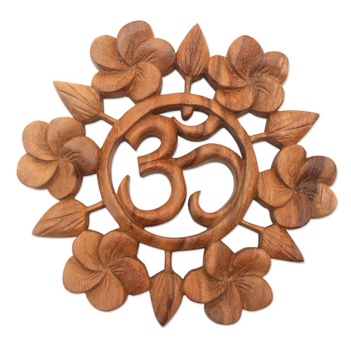 NOVICA Handmade Wood Relief Panel Hand Carved Suar Wall from Indonesia Brown Decor Panels Spiritual Floral [0.9in H x 7.5in Diam.] 'Soul at Peace'
