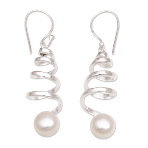 NOVICA Artisan Handmade Cultured Freshwater Pearl Dangle Earrings Indonesian .925 Sterling Silver Spiral White Birthstone 'Moonlight Springs' NOVICA Artisan Handmade Cultured Freshwater Pearl Dangle Earrings Indonesian .925 Sterling Silver Spiral White Birthstone 'Moonlight Springs'
