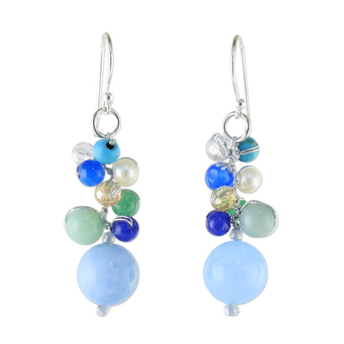 NOVICA Handmade .925 Sterling Silver Quartz Dangle Earrings Blue Multigemstone from Thailand Calcite Glass Bead Beaded Birthstone [1.6 in L x 0.4 in W] 'Happy Bunch'