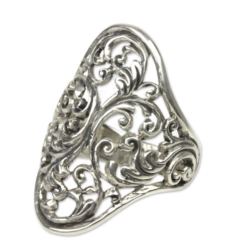 NOVICA .925 Sterling Silver Cutout Floral Cocktail Ring, Celuk Fern'