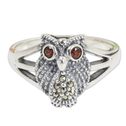 NOVICA Garnet and Marcasite .925 Sterling Silver Cocktail Ring, Little Owl' NOVICA Garnet and Marcasite .925 Sterling Silver Cocktail Ring, Little Owl'