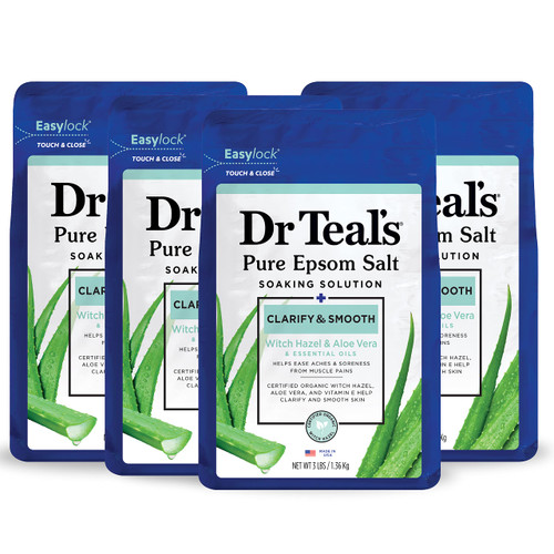 Dr Teal's Pure Epsom Salt Soak, Clarify & Smooth with Witch Hazel & Aloe Vera, 3 Pound (Pack of 4) (Packaging May Vary)