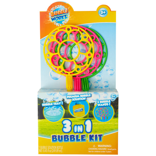 3 in 1 Bubble Wand Kit - Kid's Bubble Wand Play Toy - Children's Bubble Fun Set - Includes 3 Wands, 8.5 Oz Premium Bubble Solution & Bubble Tray!