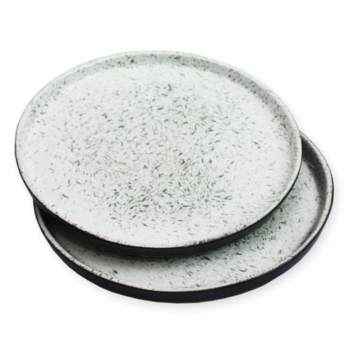 roro Flat Ceramic Stoneware Charcoal Pencil Style Black White Matte Hand-Molded Modern High Edge Lipped Round Dinner | Serving Plates, 10.5 Inch Set of 2