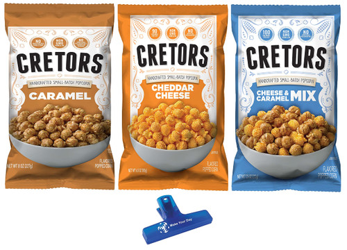 G.H. Cretors Popcorn, Caramel, Cheddar Cheese, and Cheese & Caramel Mix (Pack of 3) - with Make Your Day Bag Clip G.H. Cretors Popcorn, Caramel, Cheddar Cheese, and Cheese & Caramel Mix (Pack of 3) - with Make Your Day Bag Clip