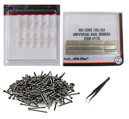 Atlas Model Railroad Plastic Insulating Rail Joiners, Universal Rail Joiners, and 1/2" Track Nails (Pack of 3) - with Make Your Day Curved Tweezers