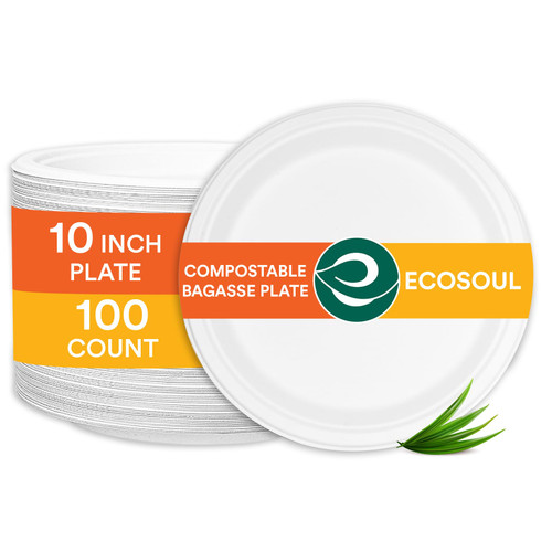 ECO SOUL Pearl White 10 Inch [100-Pack] Paper Plates (PFAS free) | 100% Compostable Disposable Bagasse I Heavy-Duty Eco-Friendly Dinner Plates I Biodegradable Sugarcane Eco Plates | Microwavable