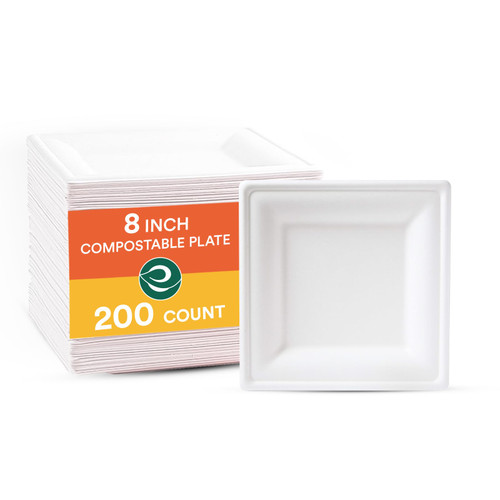 ECO SOUL Pearl White 8 Inch Square [200-Pack] Paper Plates (PFAS free) | 100% Compostable Disposable Bagasse I Heavy-Duty Eco-Friendly Dinner Plates I Biodegradable Sugarcane Eco Plates