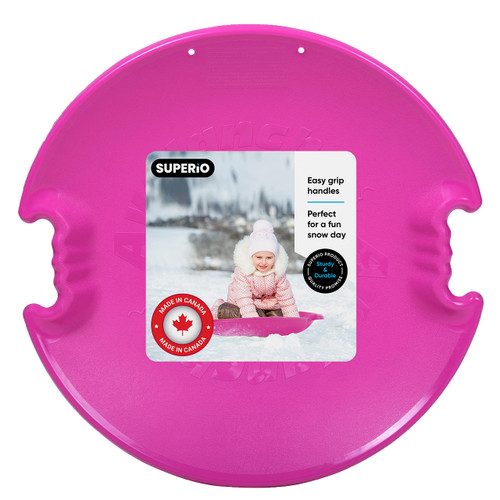 Superio Round Snow Saucer Sled, Fuchsia Pink Spiral 26" Avalanche Circle Plastic Sledding Disc, Winter Snow Fun for Kids and Adults