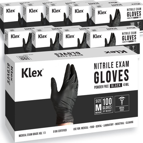 Klex Nitrile Exam Gloves - Medical Grade, Powder Free, Rubber Latex Free, Disposable Examination Grade Glove, Food Safe, Black, Medium, 1000 Count Klex Nitrile Exam Gloves - Medical Grade, Powder Free, Rubber Latex Free, Disposable Examination Grade Glove, Food Safe, Black, Medium, 1000 Count