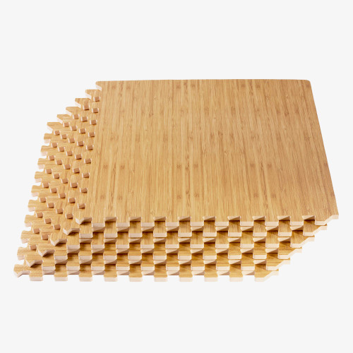 FOREST FLOOR Thick Printed Foam Tiles, Premium Wood Grain Interlocking Foam Floor Mats, Anti-Fatigue Flooring, 3/8" Thick, Light Bamboo, 24 Square Feet (6 Tiles)