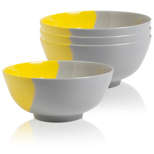 Durable Melamine Bowls Set of 4, Chip and Break-Resistant, Dinner Bowls for Indoor and Outdoor, Dishwasher Safe, Kid-Friendly Dinnerware Set, Yellow/Grey, 7" Diameter - Thomas Fuchs Creative