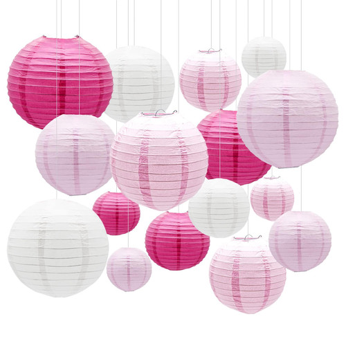 KAXIXI Pink Round Chinese Paper Lanterns Decorative for Wedding Birthday Party Valentine's Day Bridal Shower Girls Baby Shower Decoration, 16pcs