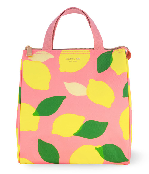 Kate Spade New York Cute Lunch Bag for Women, Large Capacity Lunch Tote, Pink Adult Lunch Box with Silver Thermal Insulated Interior Lining and Storage Pocket, Lemon Toss