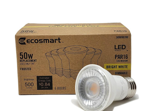 EcoSmart LED PAR16 Bulbs | 50W Equivalent | 500 Lumens, 3000K Bright White | Dimmable | E26 Medium Base Flood Lights for Landscaping, Track Lighting or Recessed Lighting (6 Pack)