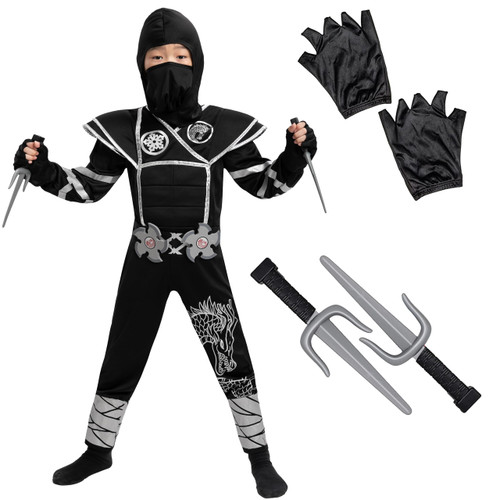 Spooktacular Creations Kids Silver Ninja Costume, Child Unisex Ninja Costume for Halloween Dress Up Party, Ninja Role Playing (Toddler (3-4yr))