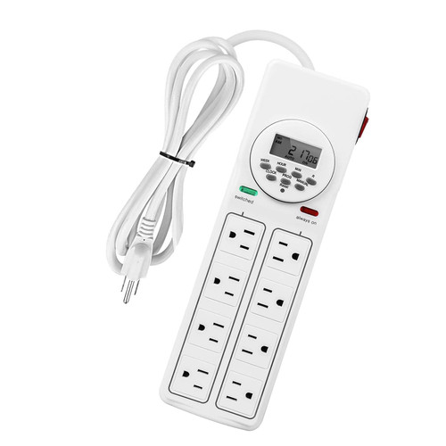 iPower 8-Outlet Power Strip, 7-Day Digital Timer Surge Protector with Programmable (4 Outlets Timed, 4 Outlets Always On), Grounded Outlets for Christmas String Lights, Appliance, ETL Listed, White