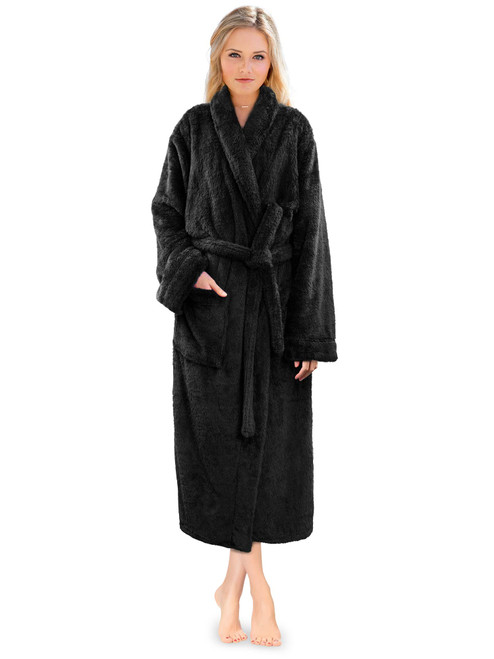 PAVILIA Premium Womens Plush Soft Robe Fluffy, Warm, Fleece Sherpa Shaggy Bathrobe (S/M, Black)