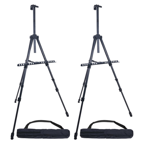U.S. Art Supply - Pack of 2-66 Inch Sturdy Black Aluminum Tripod Artist Field and Display Easel Stand - Adjustable Height 20" to 5.5 Feet, Holds 32" Canvas - Floor and Tabletop Displaying, Painting