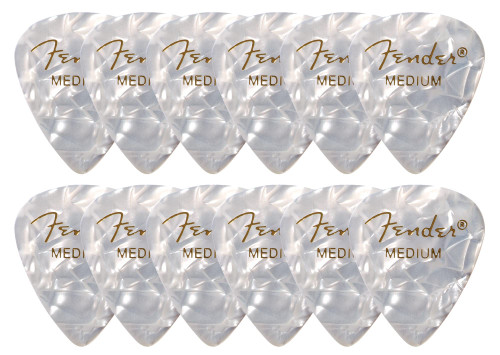 Fender Premium Celluloid 351 Shape Picks, Medium, White Moto - 12 Pack