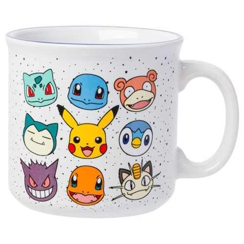 Silver Buffalo Pokemon Bulbasaur, Squirtle, Slowpoke, Snorlax, Pikachu, Piplup, Haunter, Charmander, and Meowth Camper Mug, 20 Ounces