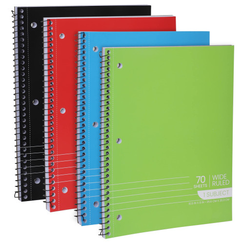 Spiral Notebooks, 1-Subject Notebook, Wide Ruled Notebooks - 70 Sheets - 3 Hole Punched, Subject Notebooks for School Classroom, Home, Office - Perforated Pages, Assorted Colors - (4 Pack)