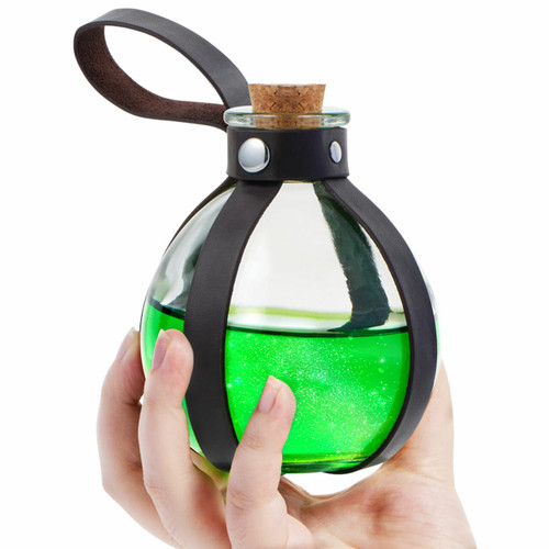 Spooktacular Creations Halloween Dark Magic Cork Potion Glass Bottle, Round Spherical Clear Glass Bottle with Cork Stopper and Faux Leather holster Loop for Halloween Witch Costumes Props