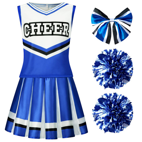 Spooktacular Creations Cheerleader Costume for Girls, Cute Cheerleading Outfit, Blue and White Cheer Uniform for Halloween Dress Up and Role-Playing-L