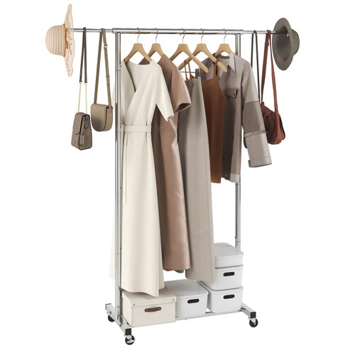 VEVOR Clothes Rack with Wheels, Heavy Duty Clothing Garment Rack with Hanging Rod and Bottom Storage Area, Adjustable Length Clothing Rack, 2 Lockable Wheels