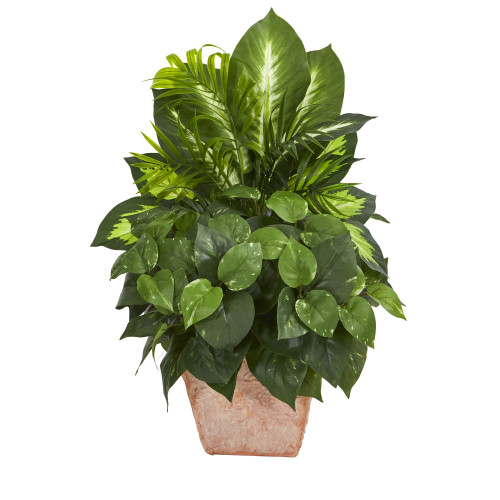 Nearly Natural Mix Greens Dish Garden Artificial Terracotta Planter Silk Plants,