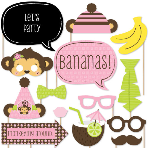Pink Monkey Girl - Baby Shower or Birthday Party Photo Booth Props Kit - 20 Count
