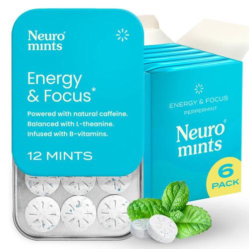 Neuro Energy Caffeine Mints - Sugar Free with L-theanine + Natural Caffeine + Vitamin B12 & Vitamin B6 - Nootropic Energy and Focus Supplement for Women & Men - Keto & Vegan - Peppermint Flavor