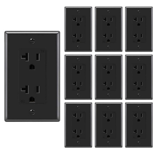 Decorator Receptacle Outlet with Wall Plate, 20 Amp, 125 Volt, Tamper Resistant, Grounding UL Listed Black Micmi Glossy Black (20A Outlet with Wallplates 10pack)