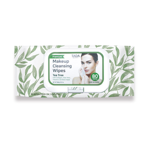 TADA Beauty Facial Wipes Makeup Remover | Tea Tree Wet Cleansing Wipes | Tea Tree, 1-pack (80ct)