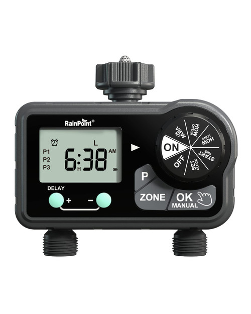 RAINPOINT Sprinkler Timer 2 Zone,Large Digital Water Timer with 6 Programmable Procedure Rain Delay/Manual/Automatic Mode,Outdoor Hose Timer for Week/Specific/Daily Irrigation Watering for Lawn Garden