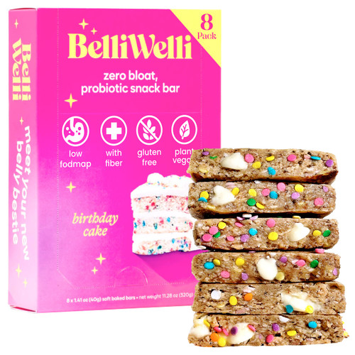 Belliwelli Soft Baked Probiotic Snack Bar | Gluten-Free, Dairy-Free, Vegan, & Low-FODMAP | Birthday Cake (8 Pack)