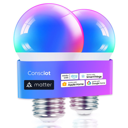 Consciot Matter WiFi Smart Light Bulbs Works with Alexa/Google Home/Apple Home/Siri/SmartThings, RGBTW Color Changing LED Light Bulb That Music Sync, A19 E26 60W Equi, 2.4Ghz WiFi&Bluetooth, 2 Pack