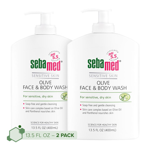 SEBAMED Olive Face and Body Wash With Pump for Sensitive and Delicate Skin pH 5.5 Ultra Mild Dermatologist Recommended Cleanser 13.5 Fluid Ounces (400mL) Pack of 2