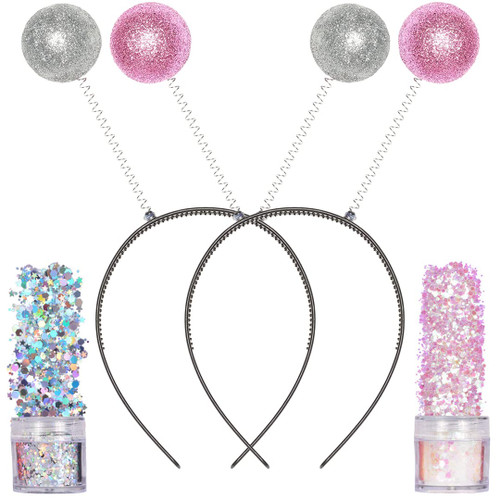 Funcredible Alien Headband with Chunky Glitter - Martian Antenna and Holographic Glitter - Halloween Cosplay Space Theme Costume Party Accessories for Women Girls Adults Kids (2 Sets) (Silver-Pink)