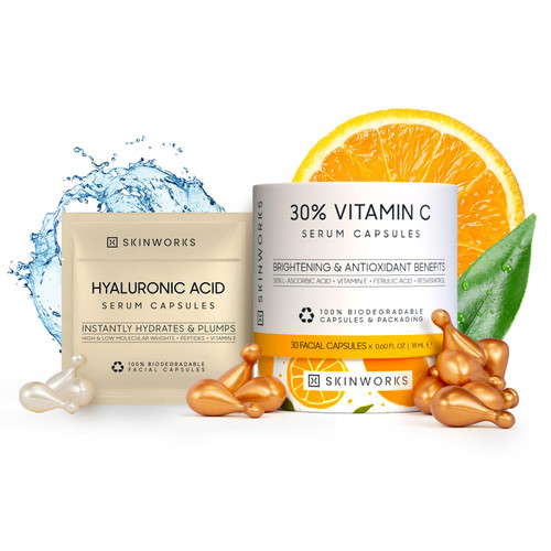 SKINWORKS ULTRA POTENT 30% Vitamin C Serum for Face with Hyaluronic Acid Serum for Face Vitamin E Ferulic Acid Facial Glow Serums for Brightening, Dark Spots, Anti-Wrinkle, Anti-Aging 60 Capsules