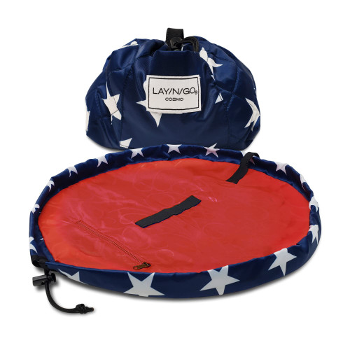 Lay-n-Go Cosmo Drawstring Cosmetic & Makeup Bag Organizer, Toiletry Bag for Travel, Gifts, and Daily Use, 20 inch, Stars (Navy/Red)