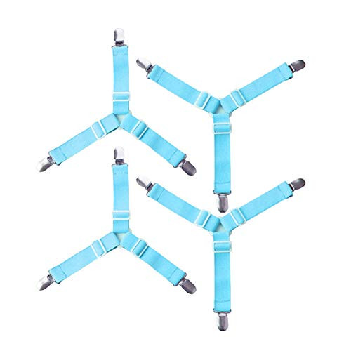 IMOE Bed Sheet Fastener, 4 Pack Adjustable Triangle Elastic Sheet Band Straps Suspenders, Bed Corner Gripper Holder Clips for Bed Sheets, Mattress Covers, Sofa Cushion (Blue)