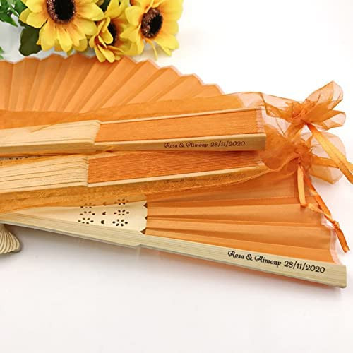 agsu Personalized Fans for Wedding Favors,Custom Fans,Handheld Paper Fans Paper Folding Fans with Bamboos for Wedding Gift, Party, Home, DIY,Bride (Orange,24pcs)
