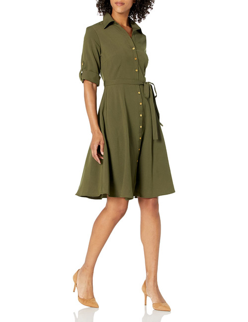 Sharagano Women's Button Front Pleated Shirt Dress, Olive DRAB, 6