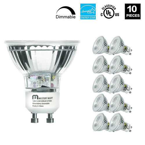 LED GU10 Spotlight Light Bulbs, 50 Watt Equivalent, 5.5W Dimmable, MR16 Full Glass Cover, 2700K Soft White, 25000 Hours, UL Listed, Energy Star Certified, by Mastery Mart (Pack of 10)