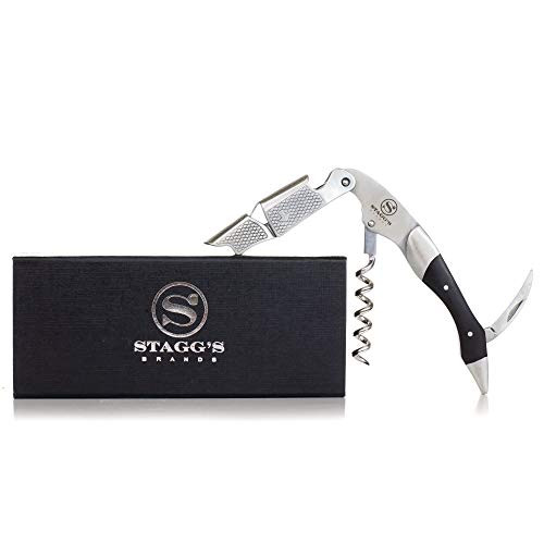 Premium Double Hinged Waiter's Wine Corkscrew by Stagg's Brands- Stainless Steel Wine Key with Wood Inlay- Perfect Wine Opener for Waiters, Sommeliers and Bartenders (Black Wood) Premium Double Hinged Waiter's Wine Corkscrew by Stagg's Brands- Stainless Steel Wine Key with Wood Inlay- Perfect Wine Opener for Waiters, Sommeliers and Bartenders (Black Wood)