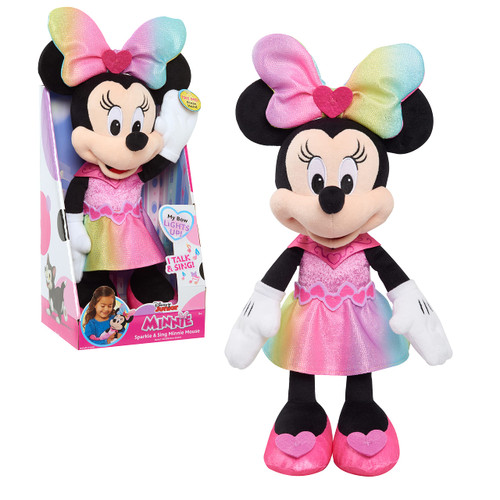 Disney Junior Minnie Mouse Sparkle and Sing Minnie Mouse, 13 Inch Feature Plush with Lights and Sounds, Officially Licensed Kids Toys for Ages 3 Up by Just Play