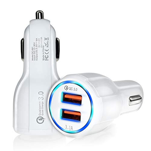 QC 3.0 Car Charger -Dual USB Ports Qualcomn Quick Charge 3.0 Car Charger(30W) for Smartphones, GPS, Power Bank, Tablet PC, Digital Camera and More USB Devices (White)