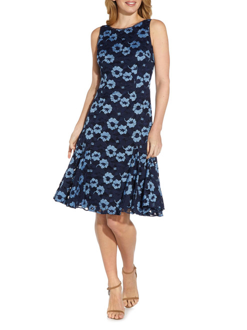 Adrianna Papell Womens Navy Lace Zippered Fitted Godets Lined Floral Sleeveless Jewel Neck Above The Knee Party Fit + Flare Dress 2